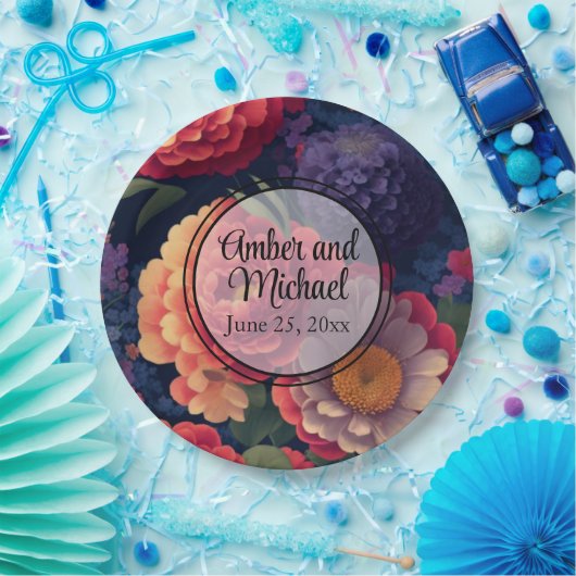 Oranje rood paarse bloemenelegante kalligrafie papieren bordje (Feest)