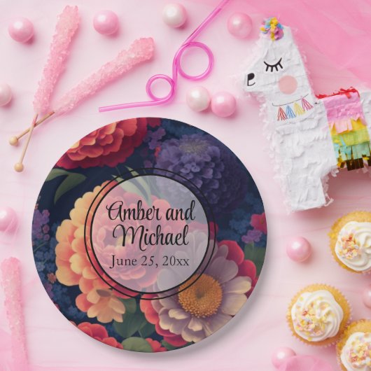 Oranje rood paarse bloemenelegante kalligrafie papieren bordje (Feest)