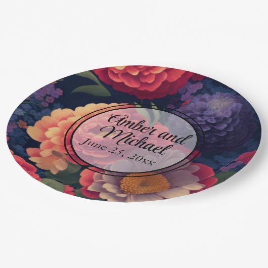 Oranje rood paarse bloemenelegante kalligrafie papieren bordje (Gekanteld)