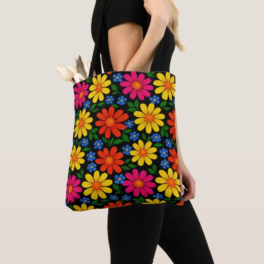 Oranje, Rood, Roze, Gele Bloemendesign Tote Bag (Dichtbij)
