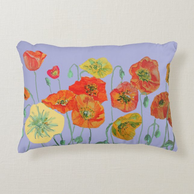 Oranje Rood Shabby Klaproos Klaprozen Lavendel Paa Accent Kussen (Voorkant)