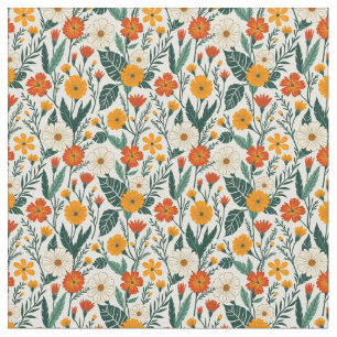 Oranje roodbruin en crème bloemen stof