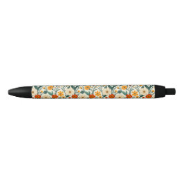 Oranje roodbruin en crème bloemen zwarte inkt pen