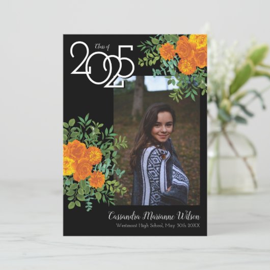 Oranje Roos Black Foto Afstuderen aankondiging (Staand voorkant)