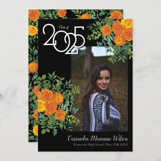 Oranje Roos Black Foto Afstuderen aankondiging (Voorkant / Achterkant)
