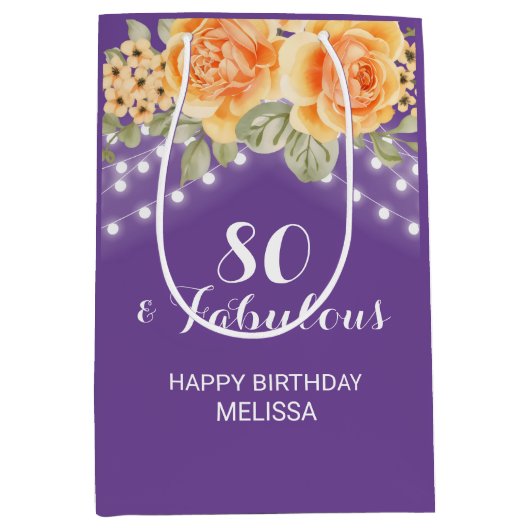 Oranje Roos Bloemen String Lights Paarse Verjaarda Medium Cadeauzakje (Voorkant)