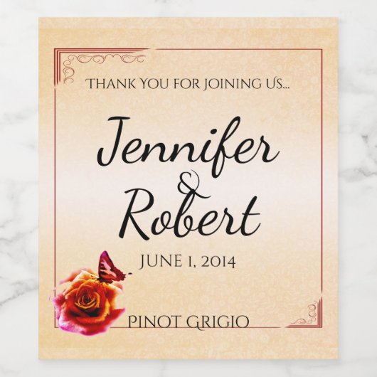 Oranje Roos en Vlinder Bruiloft Wijnlabel Wijn Etiket (Enkel label)