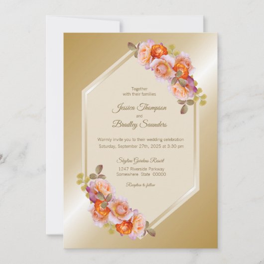Oranje Roos Floral Gold Wedding Kaart (Voorkant)