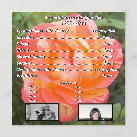 Oranje Roos Foto Name Memorial Service Programmakaart (Achterkant)
