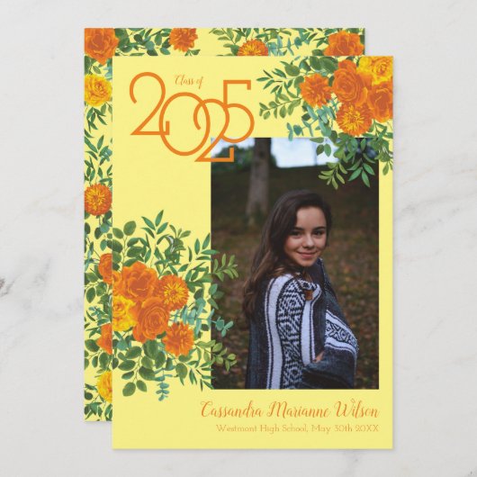 Oranje Roos Geel Foto Afstuderen Aankondiging (Voorkant / Achterkant)