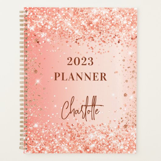Oranje roos gold glitter name script 2023 planner (Voorkant)