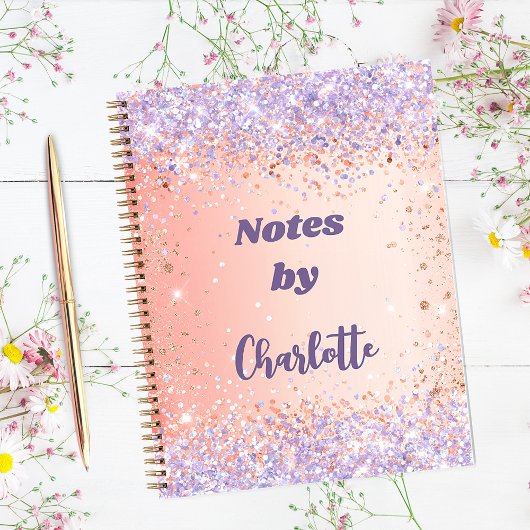 Oranje roos goud paars violet glitter name notitieboek