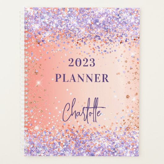 Oranje roos gouden violet paars glitter script 202 planner (Voorkant)