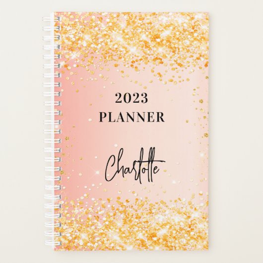 Oranje roos goudglitterscript glam 2023 planner (Voorkant)