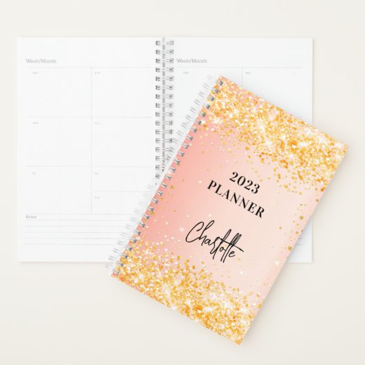 Oranje roos goudglitterscript glam 2023 planner (Display)