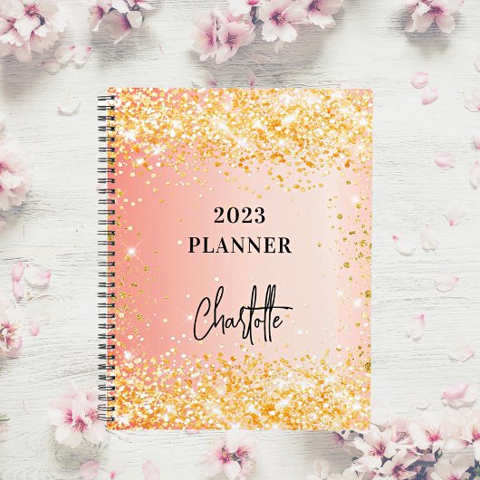 Oranje roos goudglitterscript glam 2023 planner