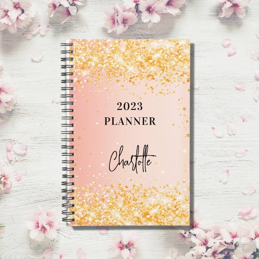 Oranje roos goudglitterscript glam 2023 planner