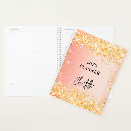 Oranje roos goudglitterscript glam 2023 planner (Display)