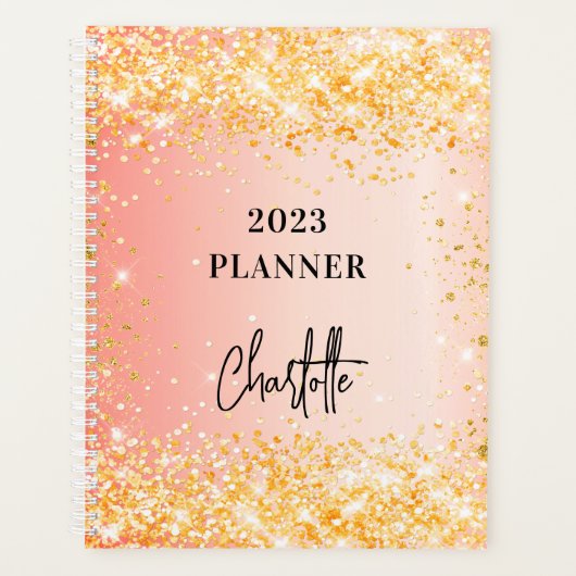 Oranje roos goudglitterscript glam 2023 planner (Voorkant)