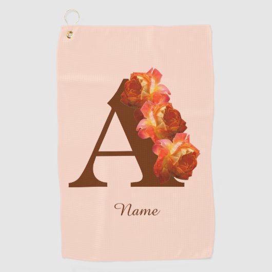 Oranje Roos Monogram Eerste Letter A Persoonlijk Golfhanddoek (Voorkant)