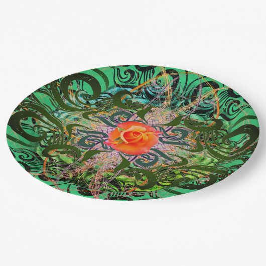 Oranje Roos op groen elegantpatroon Papieren Bordje (Gekanteld)