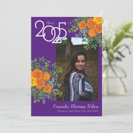 Oranje Roos Paars Foto Afstuderen Aankondiging (Staand voorkant)