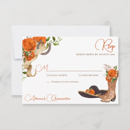 Oranje Roos rustieke Charro Western Quinceanera RSVP Kaartje (Voorkant)