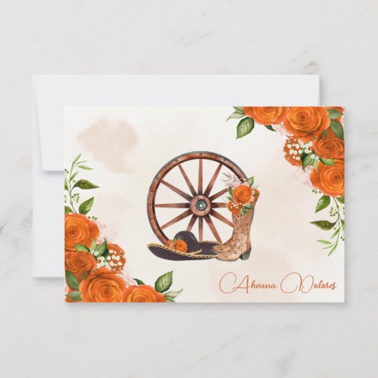 Oranje Roos rustieke Charro Western Quinceanera RSVP Kaartje (Achterkant)
