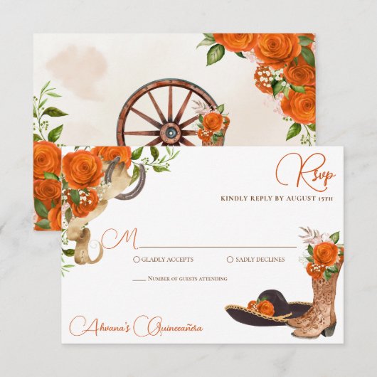 Oranje Roos rustieke Charro Western Quinceanera RSVP Kaartje (Voorkant / Achterkant)
