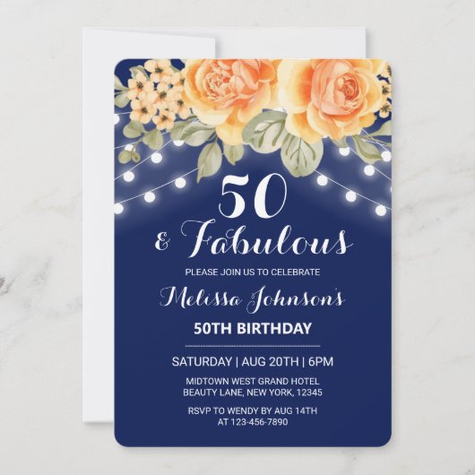 Oranje Roos String Lights Navy Verjaardag Kaart (Voorkant)