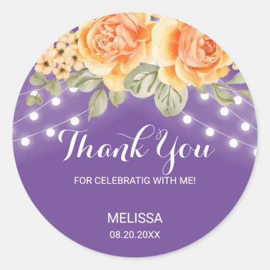 Oranje Roos String Lights Paarse Verjaardag Bedank Ronde Sticker (Voorkant)