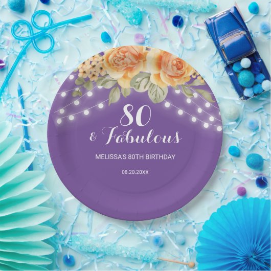 Oranje Roos String Lights Paarse Verjaardag Papieren Bordje (Feest)