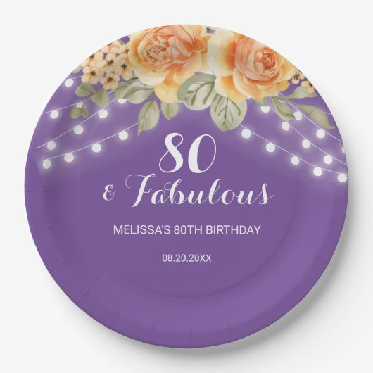 Oranje Roos String Lights Paarse Verjaardag Papieren Bordje (Voorkant)