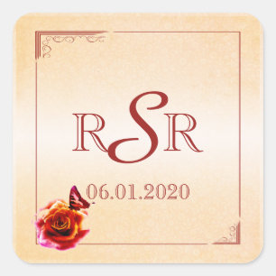 Oranje Roos Vlinder Bruiloft Monogram Stickers
