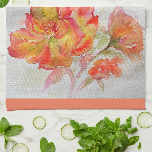 Oranje Roos Waterverf Rood gele rozenhanddoek Theedoek (Gevouwen)