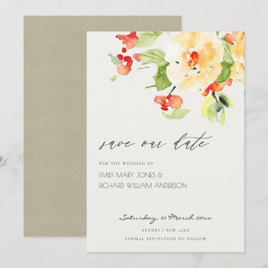 ORANJE ROSE WATERVERF FLORAL BEWAREN DE DATUM SAVE THE DATE (Voorkant / Achterkant)