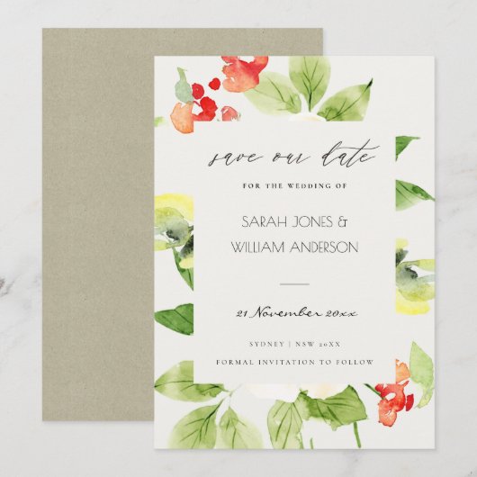 ORANJE ROSE WATERVERF FLORAL BEWAREN DE DATUM SAVE THE DATE (Voorkant / Achterkant)