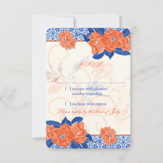 Oranje Royal Blue Floral Wedding RSVP Reageer (Voorkant)