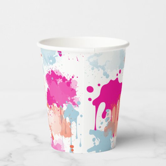 Oranje Roze Blauw Abstract Moderne Verfstreepjes Papieren Bekers (Rechts)