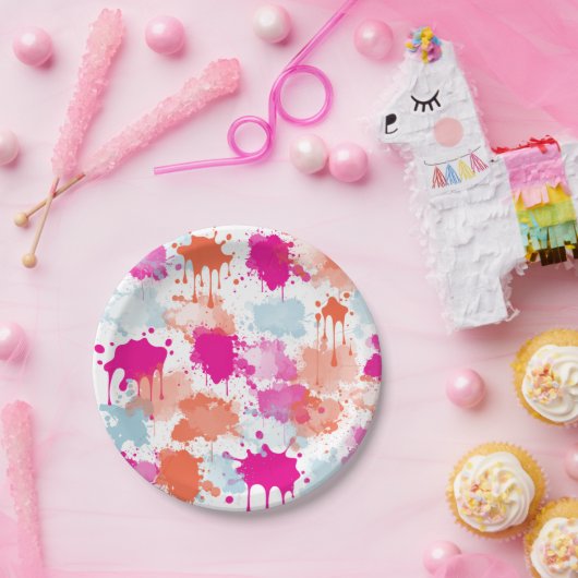 Oranje Roze Blauw Abstract Moderne Verfstreepjes Papieren Bordje (Feest)