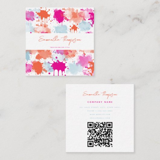 Oranje Roze Blauw Abstracte Moderne QR-code Vierkante Visitekaartje (Voorkant / Achterkant)