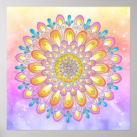 Oranje Roze Blauwe Floral Waterverf Mandala Poster (Voorkant)