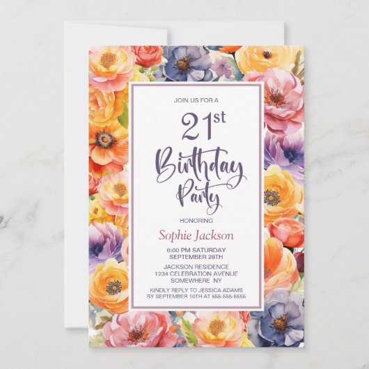 Oranje Roze Bloemen 21ste Verjaardagsfeest Kaart (Voorkant)