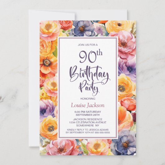 Oranje Roze Bloemen 90ste Verjaardagsfeest Kaart (Voorkant)
