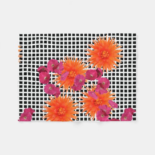 Oranje roze bloemen B/W Check Fleece Blanket (Voorkant (Horizontaal))