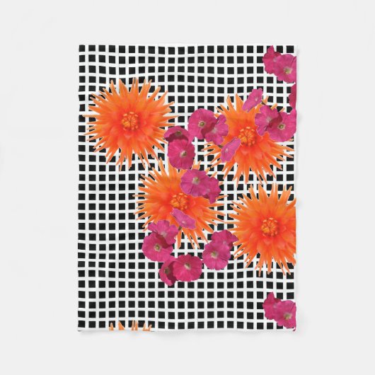 Oranje roze bloemen B/W Check Fleece Blanket (Voorkant)