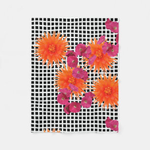Oranje roze bloemen B/W Check Fleece Blanket Deken
