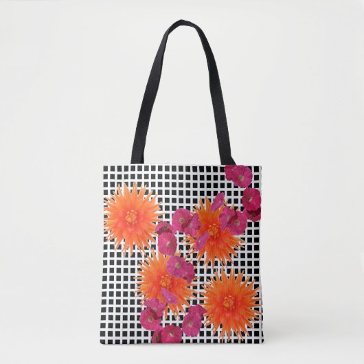 Oranje roze bloemen zwart-witte Canvas tas (Voorkant)