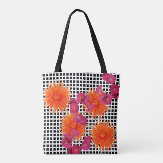 Oranje roze bloemen zwart-witte Canvas tas (Achterkant)