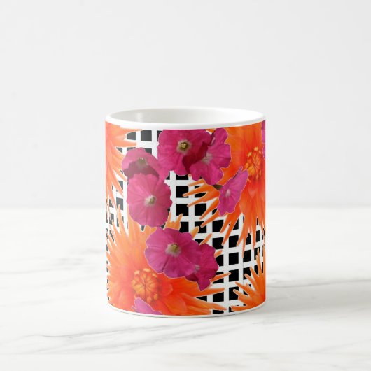 Oranje roze bloemen zwart witte cheque koffie Mok (Center)
